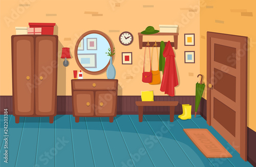 Cartoon hallway background. Panorama with stairs, doors, wardrobe, chest of drawers, mirror, coat rack with clothes, umbrella.Vector illustration in cartoon flat style.
