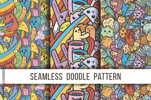 Collection of funny doodle monsters seamless pattern for prints  designs and coloring books