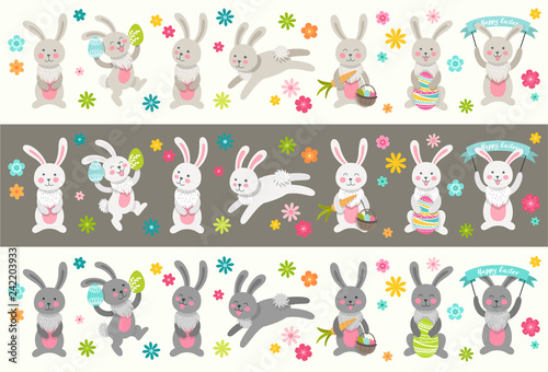 Set of cute Easter cartoon characters rabbits and design elements. Easter bunny  eggs and flowers. Vector illustration.