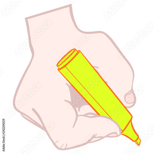 Male hand of a white man holding a yellow highlighter in different positions. Vector graphic, geb, isolated.