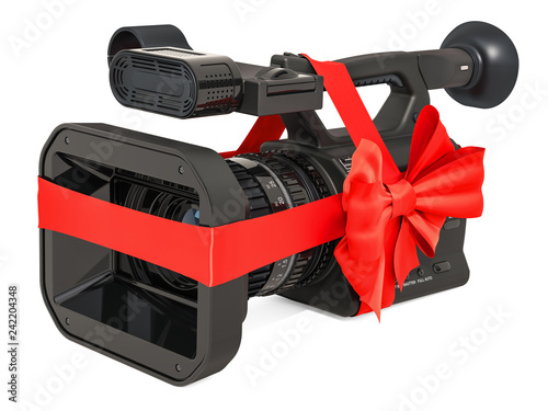 Television camera  professional video camera with bow and ribbon  gift concept. 3D rendering