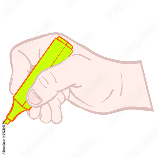 Male hand of a white man holding a yellow highlighter in different positions. Vector graphic, geb, isolated.