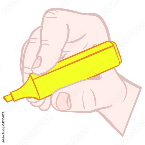 Male hand of a white man holding a yellow highlighter in different positions. Vector graphic, geb, isolated.