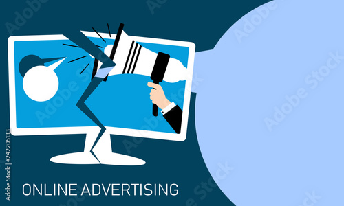 Concept illustration for online advertising. Vector flat design of monitor with businessman holding megaphone.