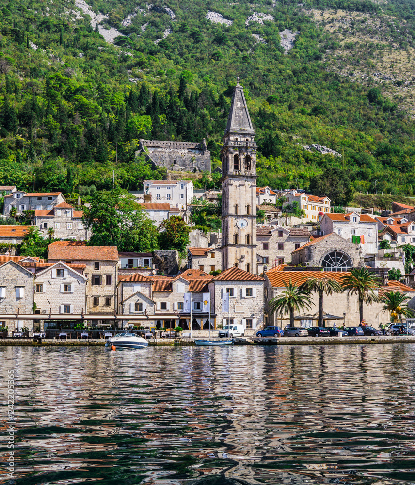 Beautiful view of the embankment of Perast, on the coast of Kotor Bay in Montenegro. September 22, 2018