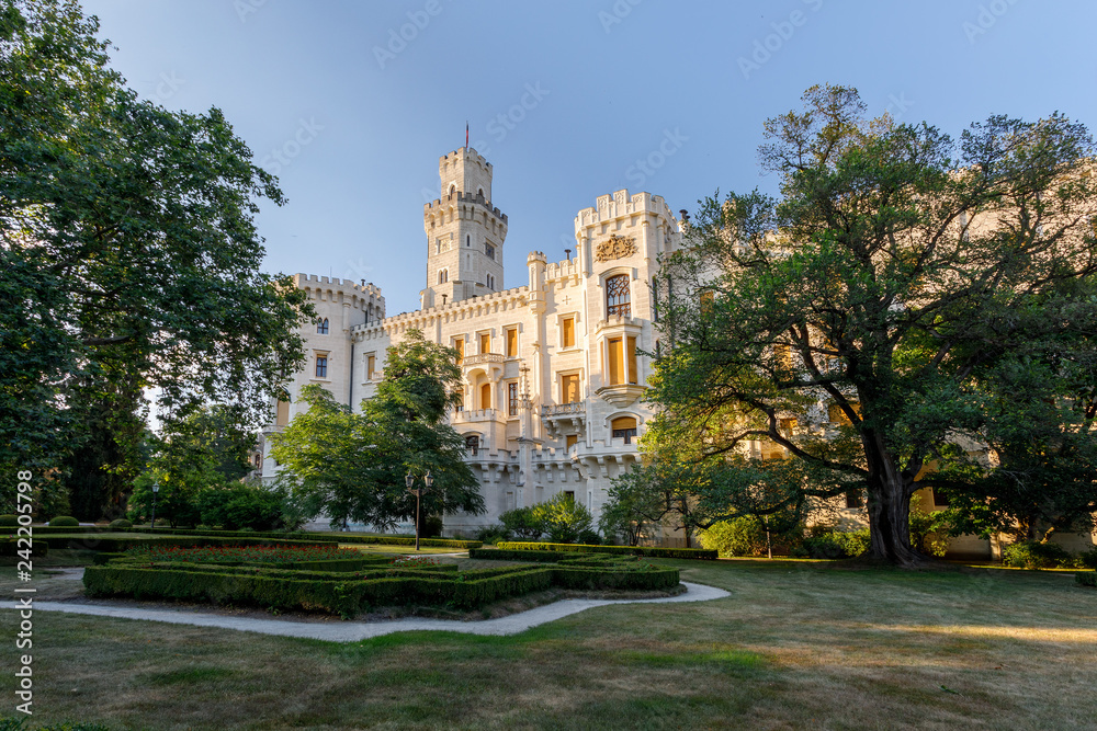Fototapeta premium back view of beautiful white renaissance state castle castle Hluboka nad Vltavou, one of most beautiful castles in the Czech Republic