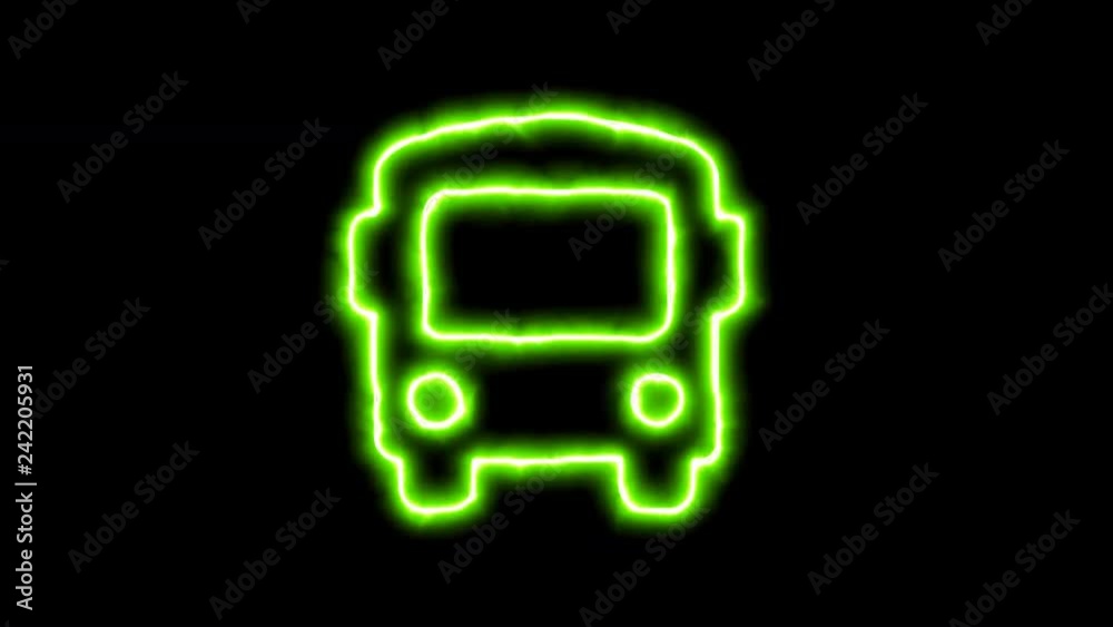 The appearance of the green neon symbol bus. Flicker, In - Out. Alpha channel Premultiplied - Matted with color black The appearance of the green neon symbol bus. Flicker, In - Out. Alpha channel Premultiplied - Matted with color black