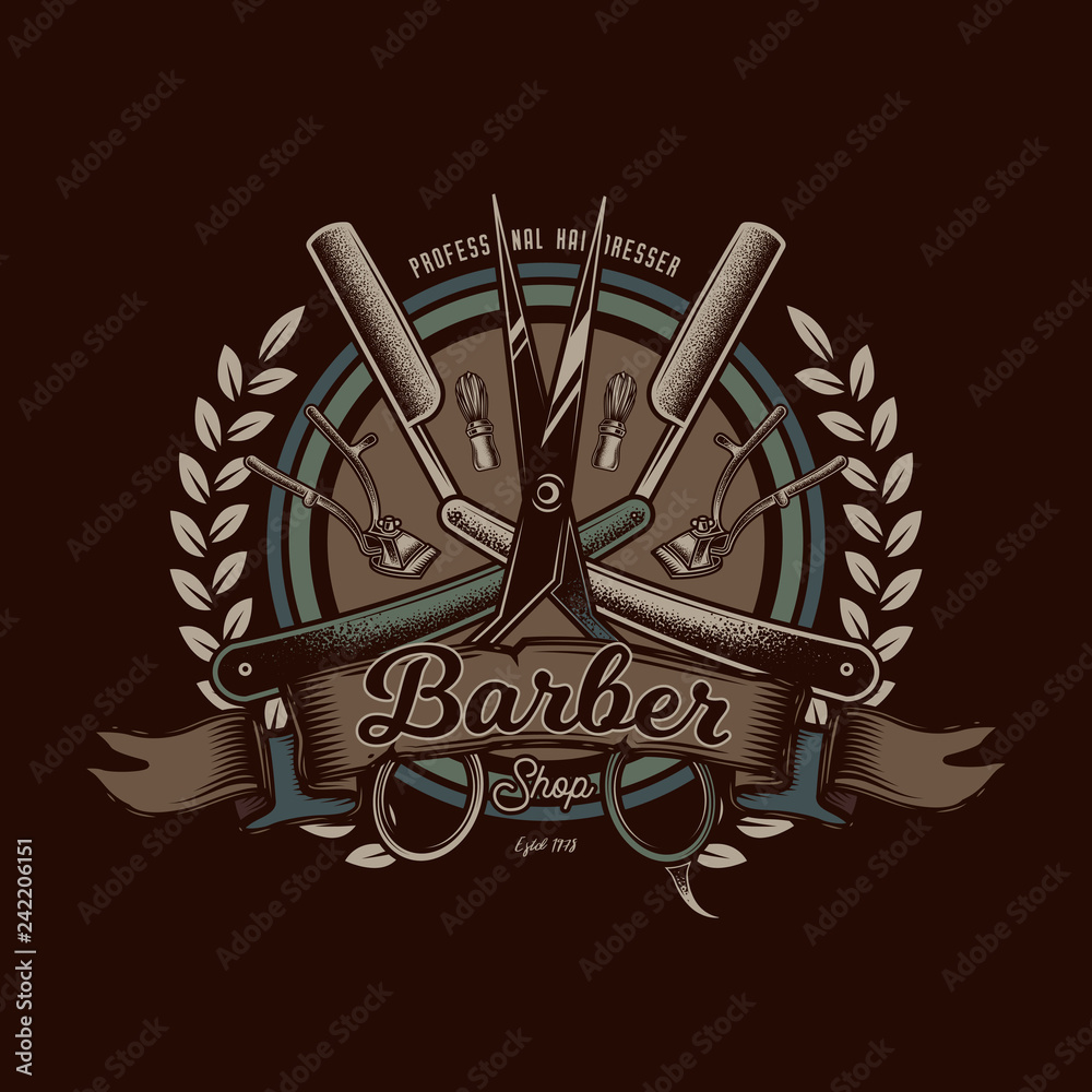 Vector emblem of the Barber shop with the image of scissors, razors and clippers.