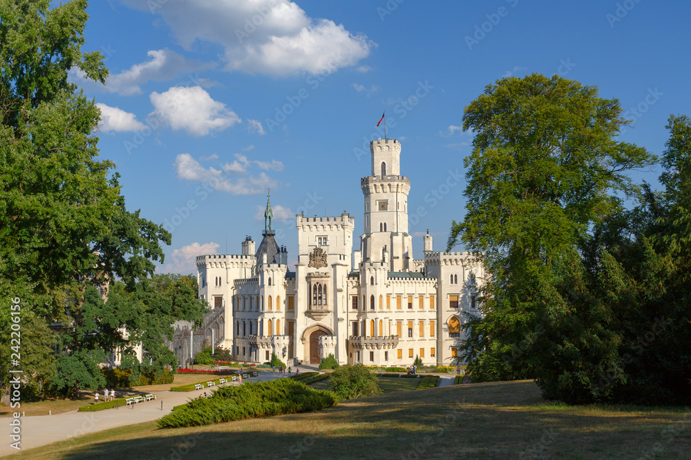 front view of beautiful white renaissance state castle castle Hluboka nad Vltavou, one of most beautiful castles in the Czech Republic