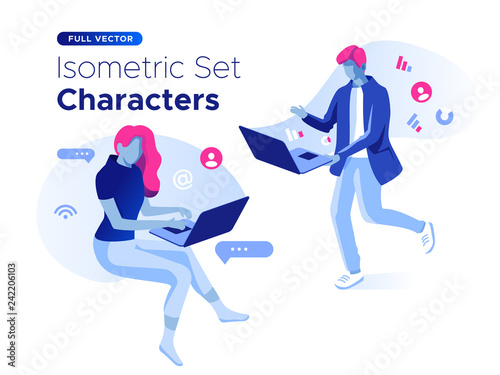 People work and interacting with graphs, icons and devices. Data analysis and office situations. 3D Isometric vector illustration set. Mobile application and website header images on white background.