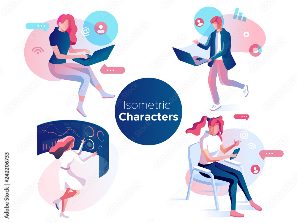 People work and interacting with graphs, icons and devices. Data analysis and office situations. 3D Isometric vector illustration set. Mobile application and website header images on white background.