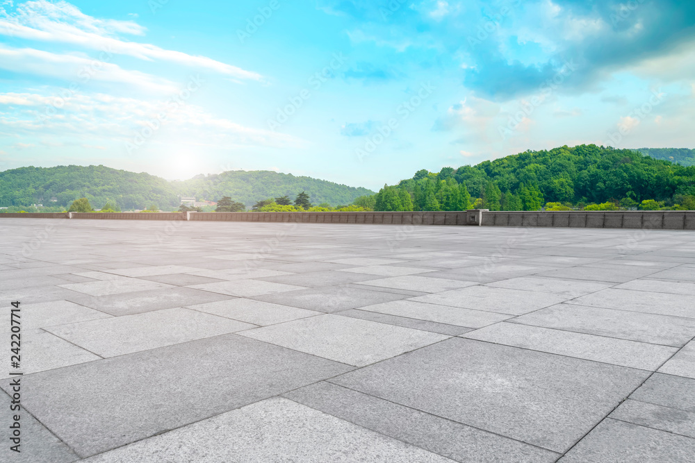 Empty Plaza Floor Bricks and Beautiful Natural Landscape..