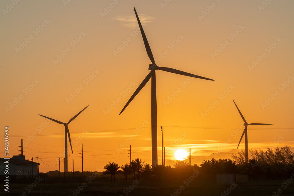 Wind Towers at sunset in Gargau, Brazil