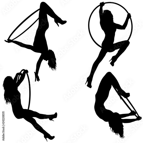 Set silhouette woman doing some acrobatic elements aerial hoop on a white background