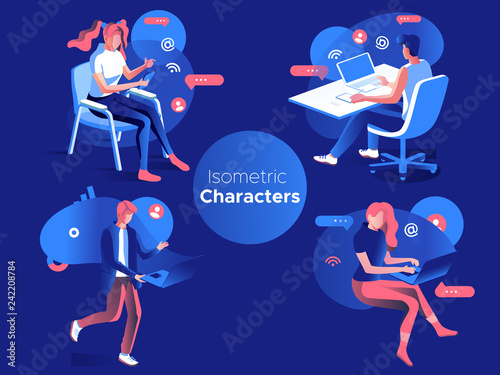 People work and interacting with graphs, icons and devices. Data analysis and office situations. 3D Isometric vector illustration set. Mobile application and website header images on dark background.