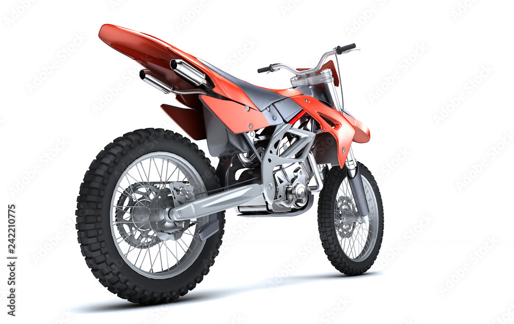 3D illustration of red glossy sports motorcycle isolated on white background. Perspective. Rear side view. Right side