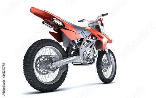 3D illustration of red glossy sports motorcycle isolated on white background. Perspective. Rear side view. Right side