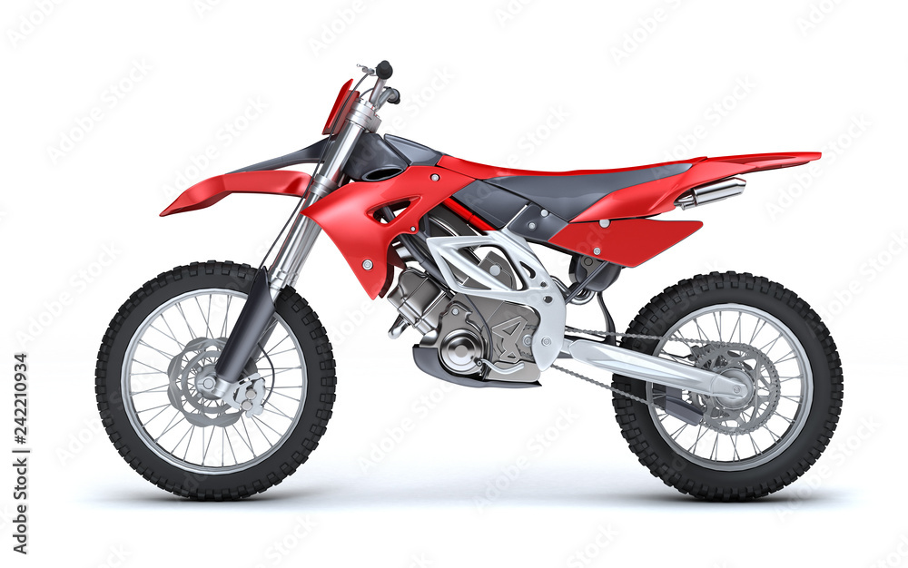 3D illustration of red glossy sports motorcycle isolated on white background. Left side view