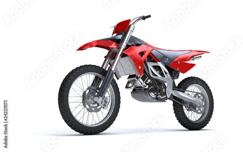 3D illustration of red glossy sports motorcycle isolated on white background. Perspective. Side view. Low angle view. Left side