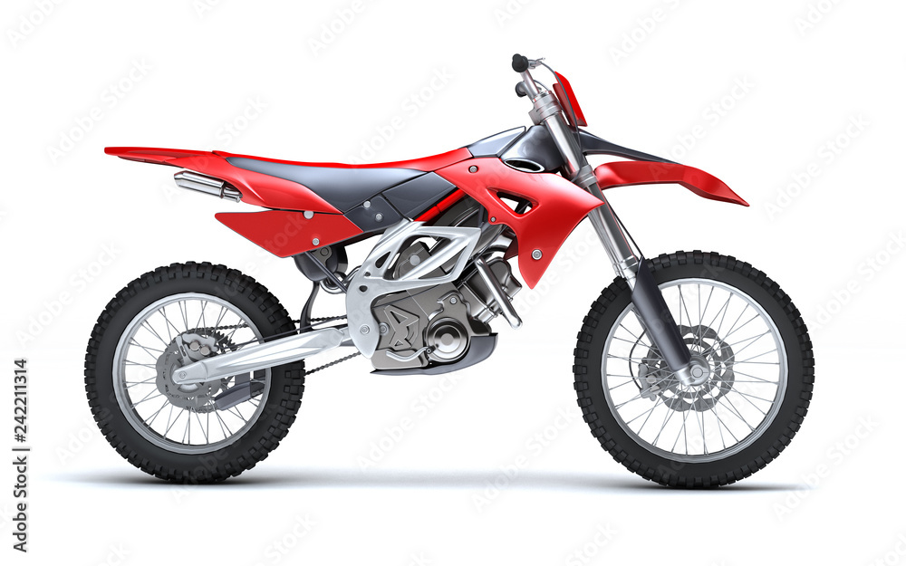 3D illustration of red glossy sports motorcycle isolated on white background. Right side view