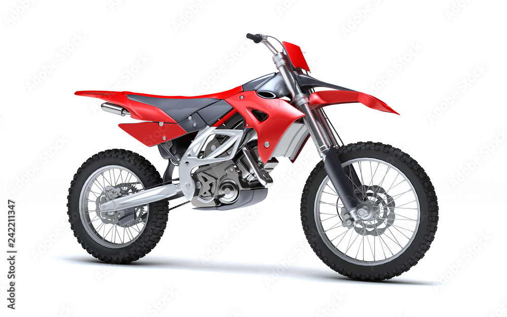Fototapeta 3D illustration of red glossy sports motorcycle isolated on white background. Right side view