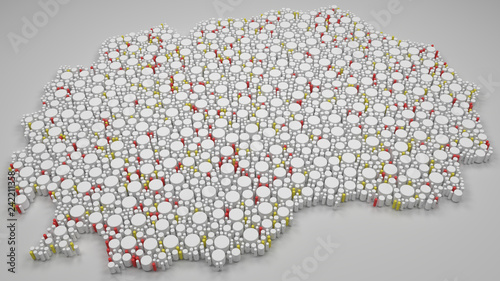 Map of Macedonia - Europe | 3d Rendering, mosaic of little cylinders - White and flag colors. A number of 3707 little barrels are accurately inserted into the mosaic. No text on the top of the mosaic.