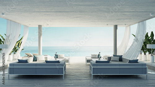 Beach living lounge - ocean villa seaside & sea view for vacation and summer / 3d render interior