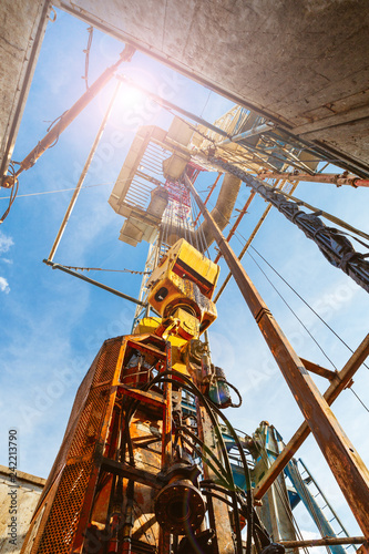 Drilling rig in oil field for drilled into subsurface in order to produced crude, inside view. Petroleum Industry
