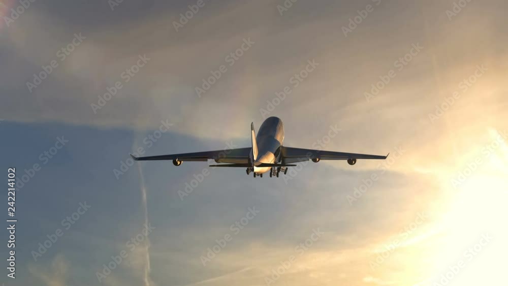 Large passenger airplane taking off against beautiful sunset