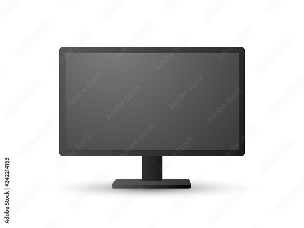 Front view of realistic modern black shaded vector computer screen on white background. Front view of realistic modern black shaded vector computer screen on white background.