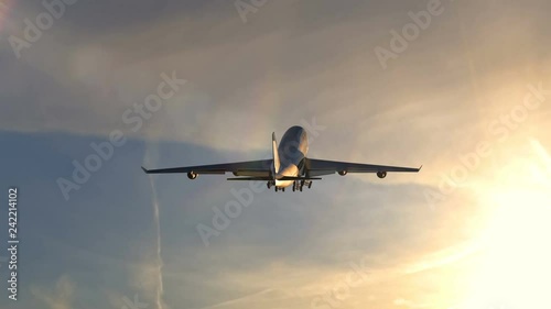 Large passenger airplane taking off against beautiful sunset photo