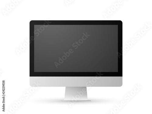 Front view of realistic modern slim shaded vector computer screen on white background.