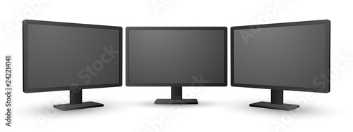 Vector set of realistic modern black shaded computer screens on white background. photo