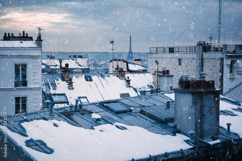 Rooftops and snow in Paris, France