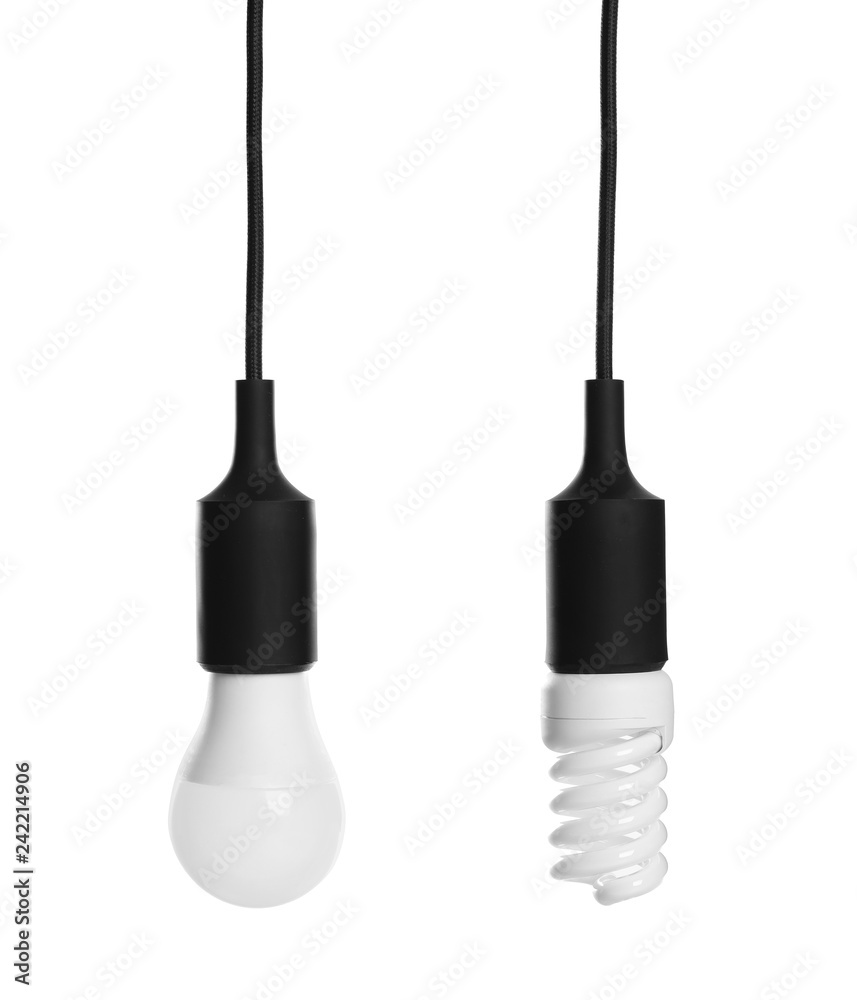 Set with different lamp bulbs on white background