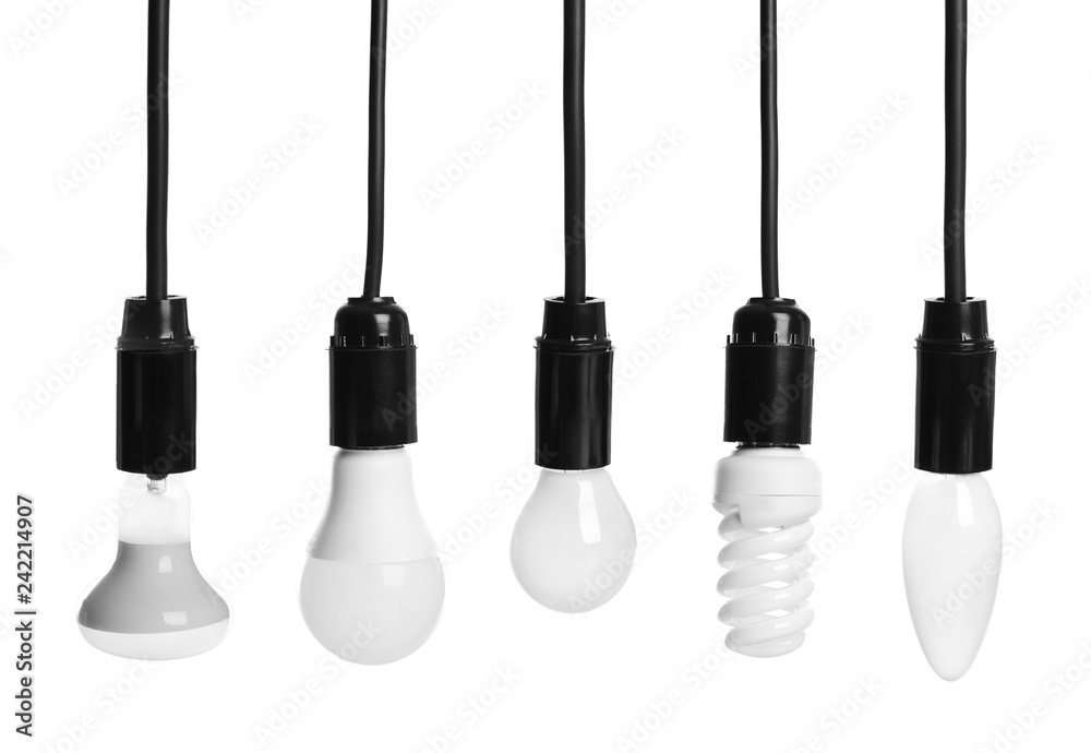 Naklejka premium Set with different lamp bulbs on white background