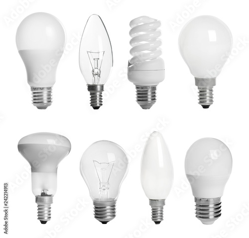 Set with different lamp bulbs on white background