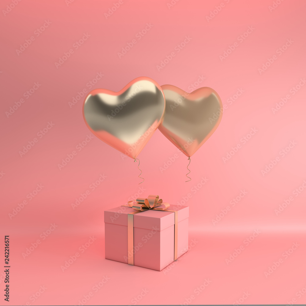 3d render illustration of realistic gold glossy heart balloon, gift box with golden bow on pink background. Valentine's Day romantic elegant 14 february card.