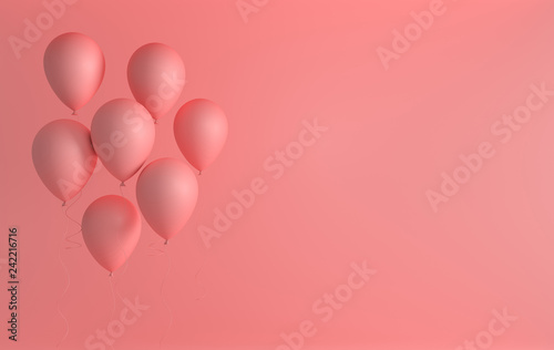 Illustration of mat pink balloons on pink background. Empty space for birthday, party, promotion social media banners, posters. 3d render realistic balloons