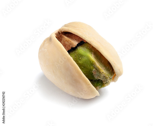 Tasty organic pistachio nut on white background, closeup