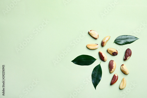 Flat lay composition with Brazil nuts and space for text on color background