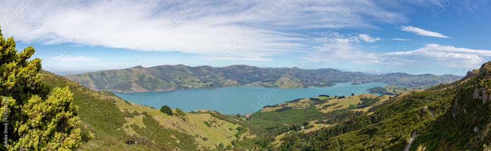 The view over the bays around Akaroa from the Misty Peaks Scenic Reserve, Banks Peninsula, New Zealand