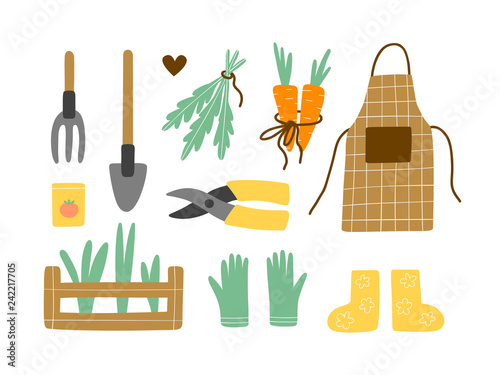 Gardening hand draw vector illustration. Arugula, carrots, seedlings, shovel, seeds, gloves, boots, apron