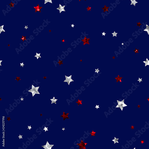 Red and White Stars Seamless Pattern - Scattered red and white glitter stars on navy blue background seamless pattern