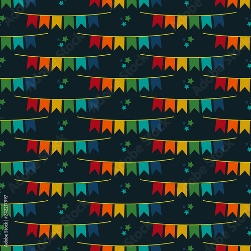 Festa Junina Bunting Banners Seamless Pattern - Festa Junina annual Brazil June celebration bunting banners or party flags and stars seamless pattern in vintage retro colors on dark teal background
