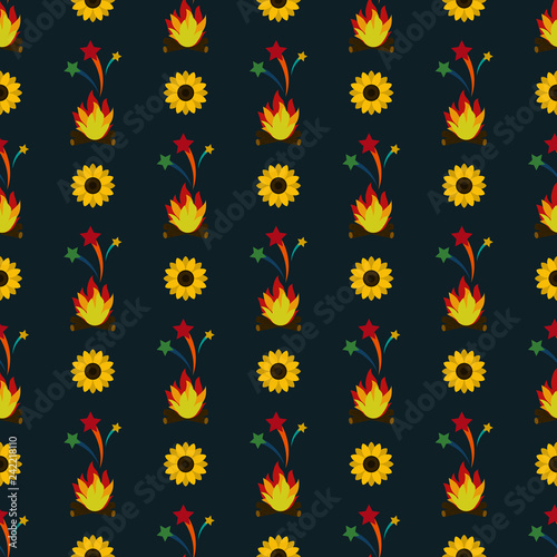 Festa Junina Sunflowers and Fire Seamless Pattern - Festa Junina annual Brazil June celebration yellow sunflowers, fire, and shooting stars in vintage retro colors on dark teal background
