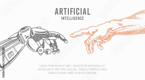 Hand touch. Android and human. Artificial intelligence Banner. Bionic arm poster. Future technology. Vintage Engraved drawn Monochrome Sketch.