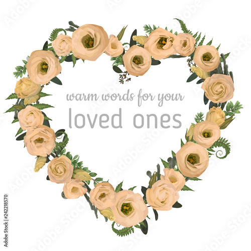 Valentine greeting card, invite card. Eucalyptus,  forest fern, brunia, waxflower and flowers eustoma cream. Branches boxwood, buxus. For wedding invitations, vignettes