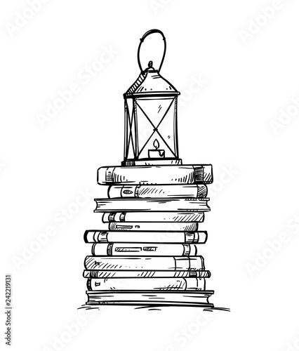 Pile of books with old lantern on the top, vector illustration