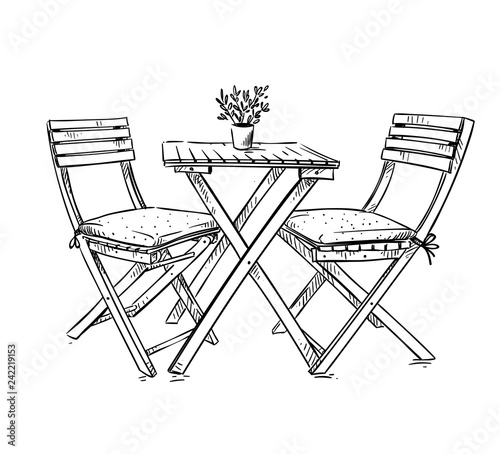 garden furniture, table and two chairs vector illustration